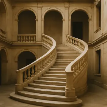 A grand, curved stone staircase with balustrades and arches in a sepia-toned building interior.