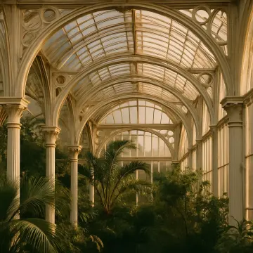 Jigsaw puzzle: Inside a majestic Victorian greenhouse with arched glass ceilings and lush tropical plants.