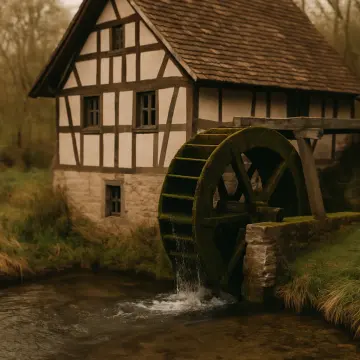 Jigsaw puzzle: A moss-covered water wheel turns by an old half-timbered mill house next to a stream.