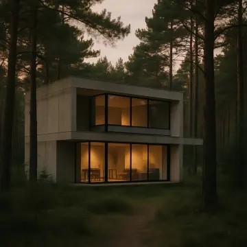 A modern two-story concrete house with warm lights glows within a dark pine forest.