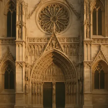 Close-up of a grand Gothic cathedral facade with a rose window and intricately carved entrance.