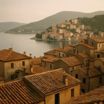 Terracotta roofs of a hillside village overlooking a serene bay with distant mountains under a soft sky.