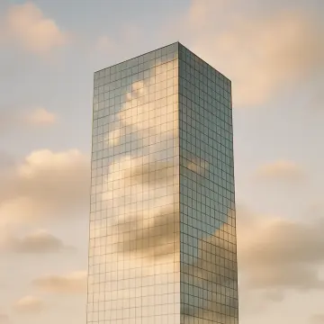 A tall, modern glass skyscraper reflecting clouds and a soft sky at sunset.