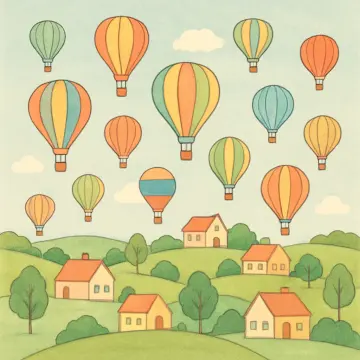 Numerous pastel hot air balloons float above a quaint village nestled among green hills.