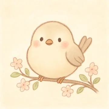 A cheerful, round cartoon bird with rosy cheeks sits on a branch with pink flowers.
