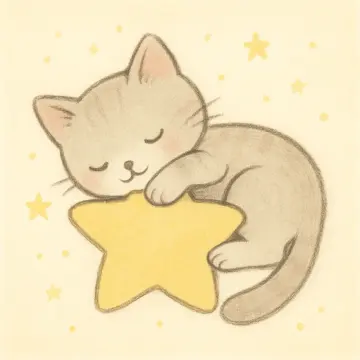 A cute cartoon grey kitten is sleeping soundly on a large yellow star.