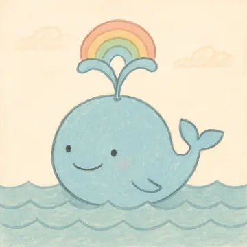 Jigsaw puzzle: A delightful blue cartoon whale with a rainbow arching from its blowhole.