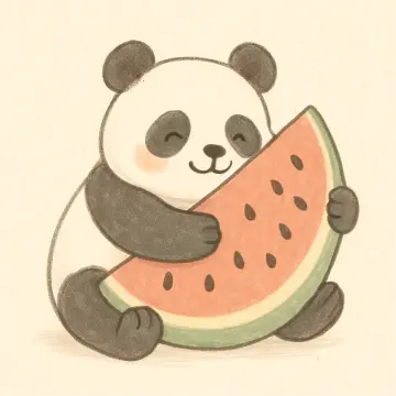 Jigsaw puzzle: A cute cartoon panda happily hugs a large slice of watermelon.