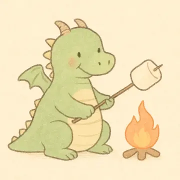 Jigsaw puzzle: A friendly green cartoon dragon happily roasts a marshmallow over a small campfire.