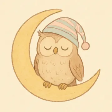 Jigsaw puzzle: A cute cartoon owl wearing a striped nightcap sleeps peacefully on a yellow crescent moon.
