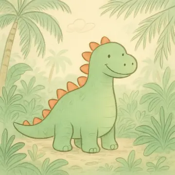A smiling green cartoon dinosaur with orange spikes stands in a prehistoric jungle scene.