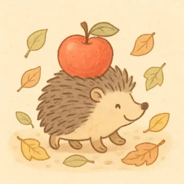 Jigsaw puzzle: A charming cartoon hedgehog carries a red apple on its back, surrounded by falling autumn leaves.