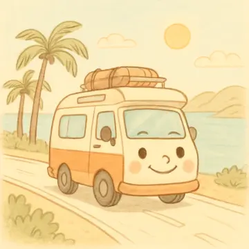 Jigsaw puzzle: A cheerful cartoon camper van drives along a sunny coastal road with palm trees.
