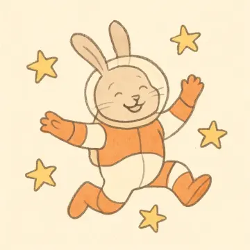 A smiling cartoon rabbit in an orange and white astronaut suit floats among yellow stars.