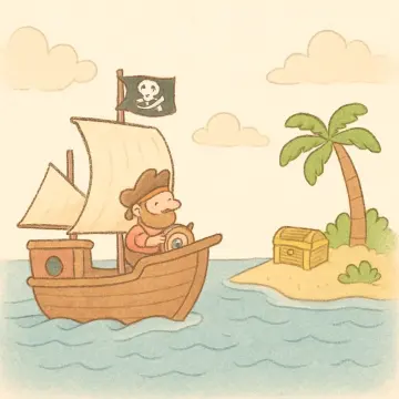 A friendly cartoon pirate sails his ship towards a small island with a palm tree and treasure chest.