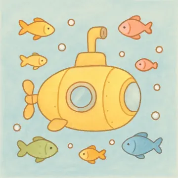 A cute cartoon yellow submarine floats underwater, surrounded by colorful fish and white bubbles.
