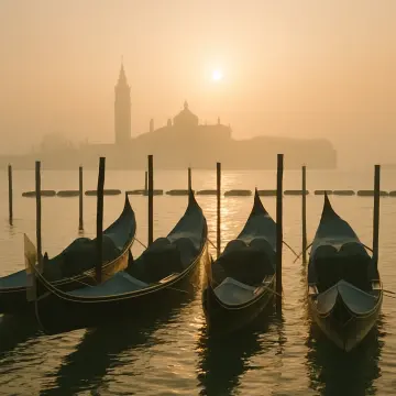 Jigsaw puzzle: Four gondolas rest on calm water with a misty sunrise over Venice's skyline.