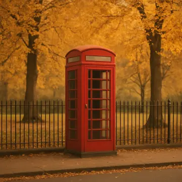 Jigsaw puzzle: A vibrant red British telephone booth stands by a black fence amidst golden autumn trees.