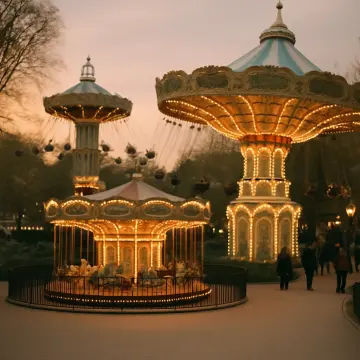 A brightly lit carousel and two illuminated swing rides under a soft twilight sky.