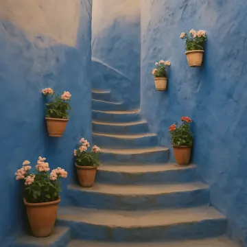 Jigsaw puzzle: A winding blue staircase with textured walls adorned by terracotta pots of blooming flowers.