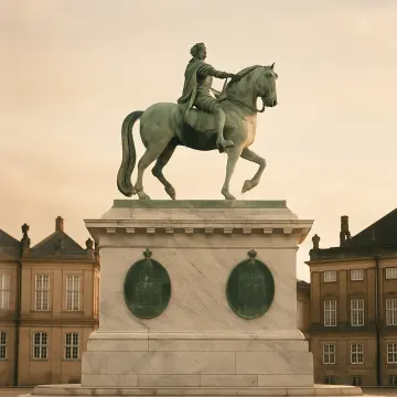 Bronze equestrian statue on a marble pedestal with classical buildings behind it.