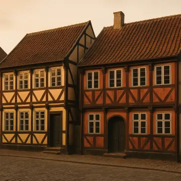 Two traditional half-timbered houses with tiled roofs stand on a cobblestone street.