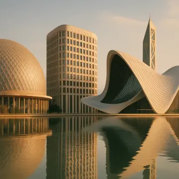 Modern architectural designs including a dome, tower, and curved building reflected in tranquil water.