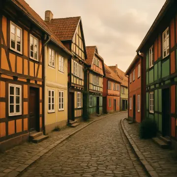 A curved cobblestone street lined with colorful half-timbered houses under an overcast sky.