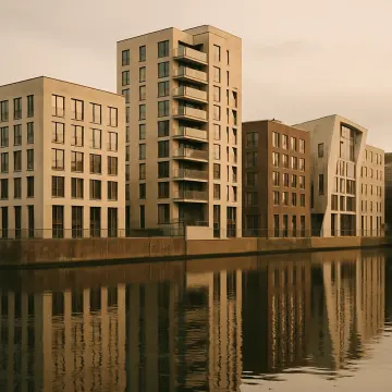 A row of modern apartment buildings with balconies reflecting in calm water under an overcast sky.