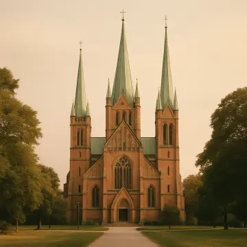 A grand brick church with three tall green spires stands between lush green trees.