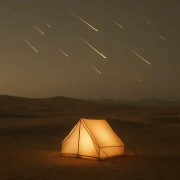 Jigsaw puzzle: A glowing tent sits in a desert under a dark sky filled with streaking meteors.