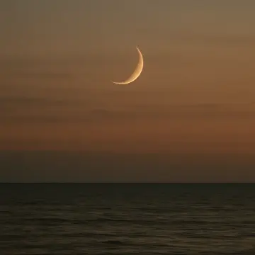 Jigsaw puzzle: A slender crescent moon hangs in a twilight sky above a dark, calm sea.