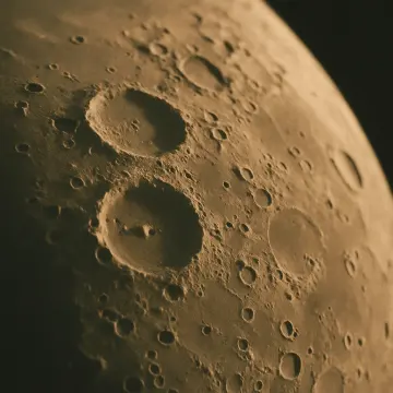 A close-up view of the Moon's heavily cratered surface bathed in warm, sepia-toned light.