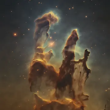 Tall, dark, and glowing cosmic pillars of gas and dust against a starry background.
