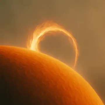 A fiery orange prominence arcs above a star's surface against a muted background.