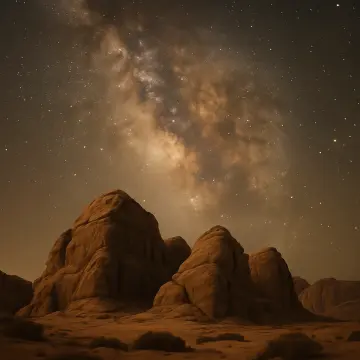 Brown desert rocks stand beneath a brilliant, star-filled night sky with the Milky Way.