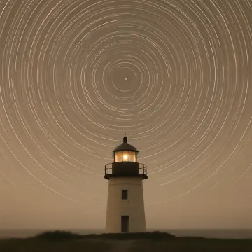 A lighthouse stands under a night sky filled with concentric star trails.