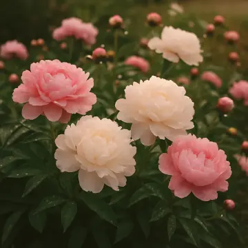 A beautiful close-up of pink and white peonies blooming in a lush green garden.