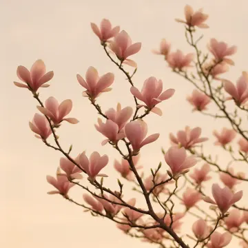 Puzzle a incastro: Delicati fiori di magnolia rosa sbocciano su rami sottili contro un cielo morbido e pallido.