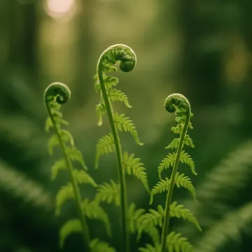 Puzzle a incastro: Tre felci a testa di violino di un verde brillante si srotolano, immerse in una luce soffusa contro uno sfondo sfocato della foresta.
