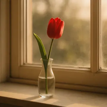 A vibrant red tulip and green leaf in a clear vase on a sunlit windowsill.