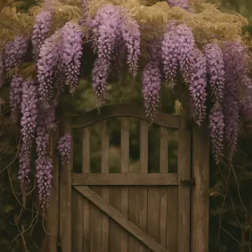 A rustic wooden garden gate is framed by lush cascades of purple wisteria blooms.