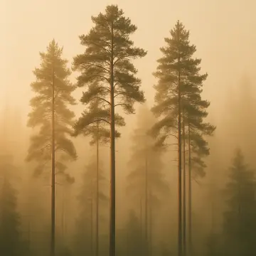 Several tall pine trees stand majestically in a dense, golden-hued fog.