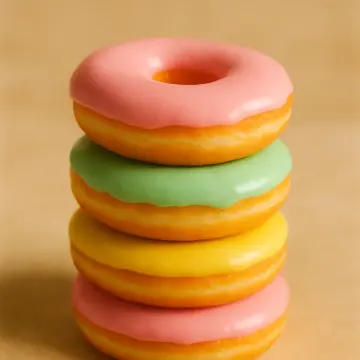 A vertical stack of four vibrant, glazed donuts with pink, green, and yellow icing.