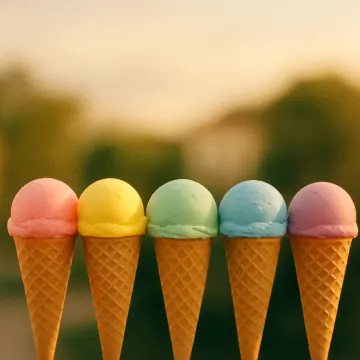 Five colorful ice cream cones stand in a row with a blurred green and yellow background.