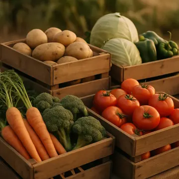 Jigsaw puzzle: Freshly harvested potatoes, carrots, broccoli, tomatoes, cabbage, and bell peppers displayed in wooden crates.