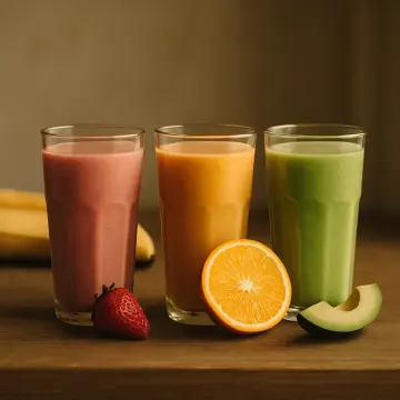 Jigsaw puzzle: Three colorful smoothies in glasses with fresh fruit on a wooden table.