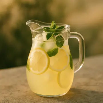 Jigsaw puzzle: A glass pitcher of lemonade with ice, lemon slices, and fresh mint leaves.