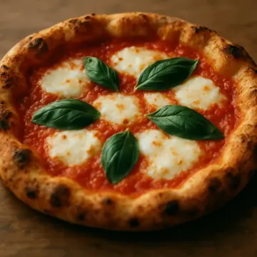 A freshly baked Neapolitan Margherita pizza with tomato sauce, mozzarella, and basil leaves.