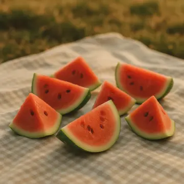 Jigsaw puzzle: Several triangular and crescent-shaped slices of ripe watermelon are laid out on a checkered picnic blanket.